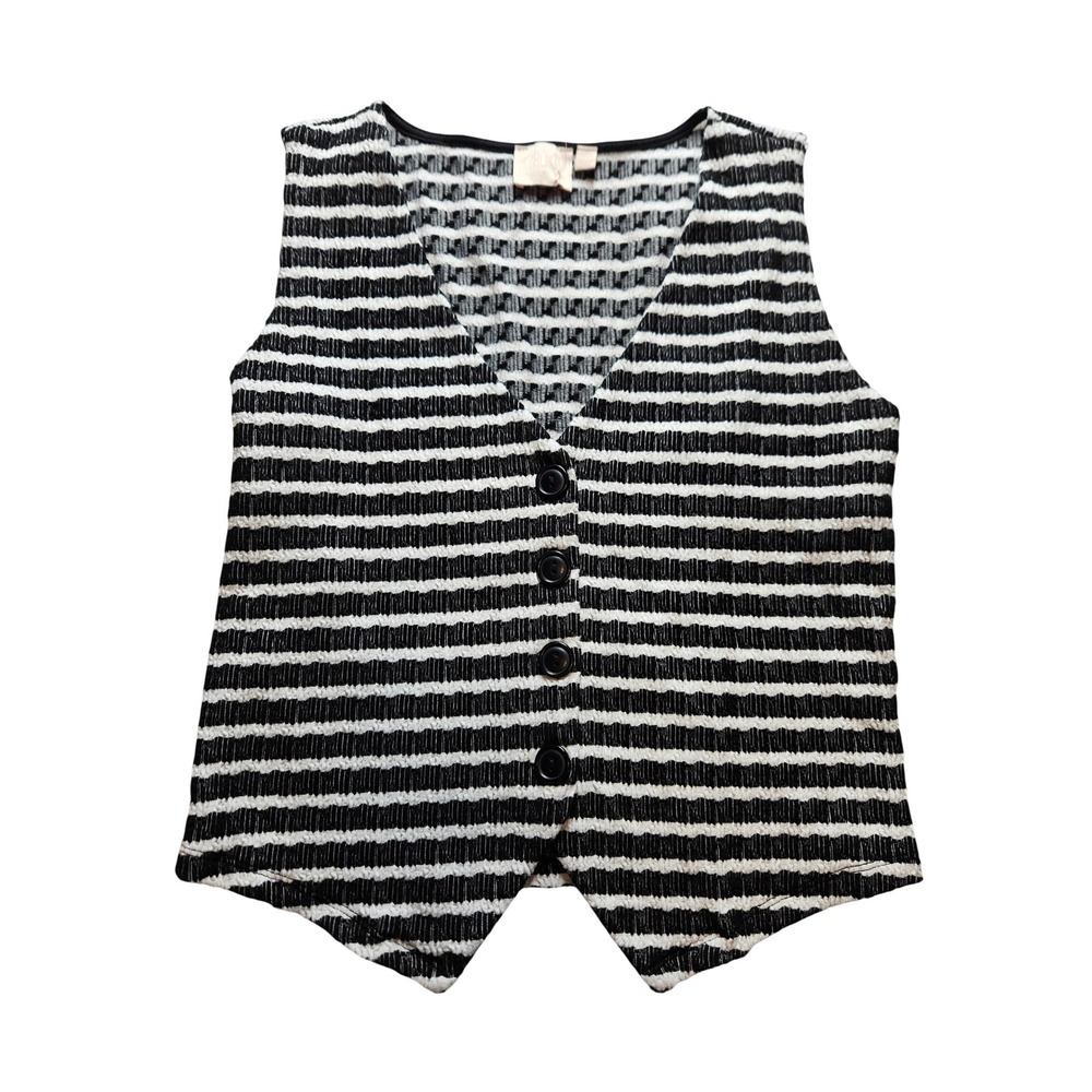 Good Luck Gem GLG Black White Striped Textured V-Neck Button Up Vest Medium